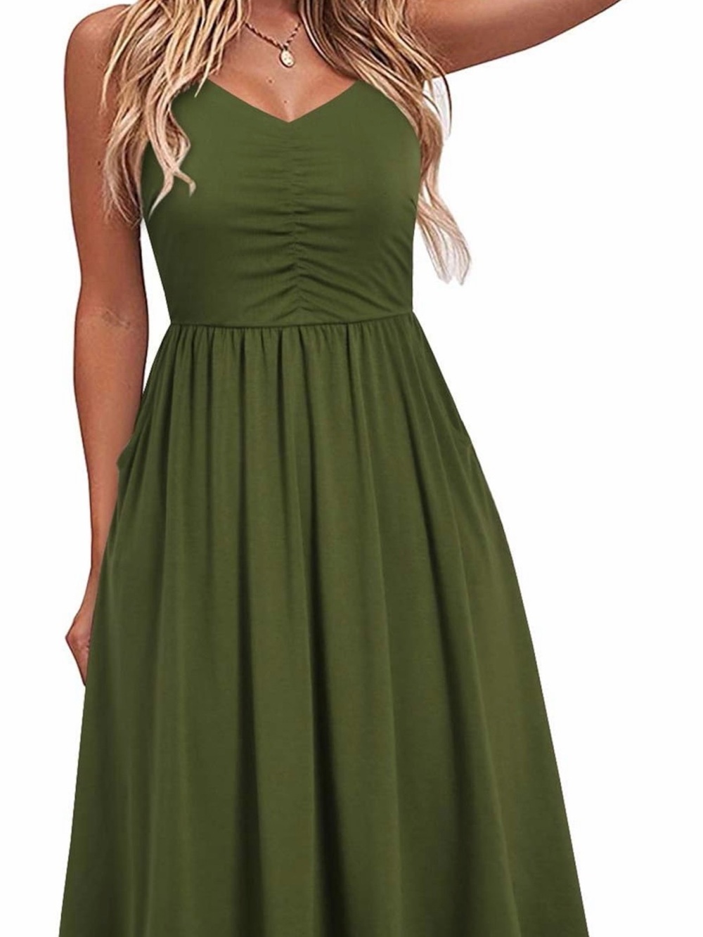 V-Neck Olive Green Maxi Dress with Ruched Bodice
